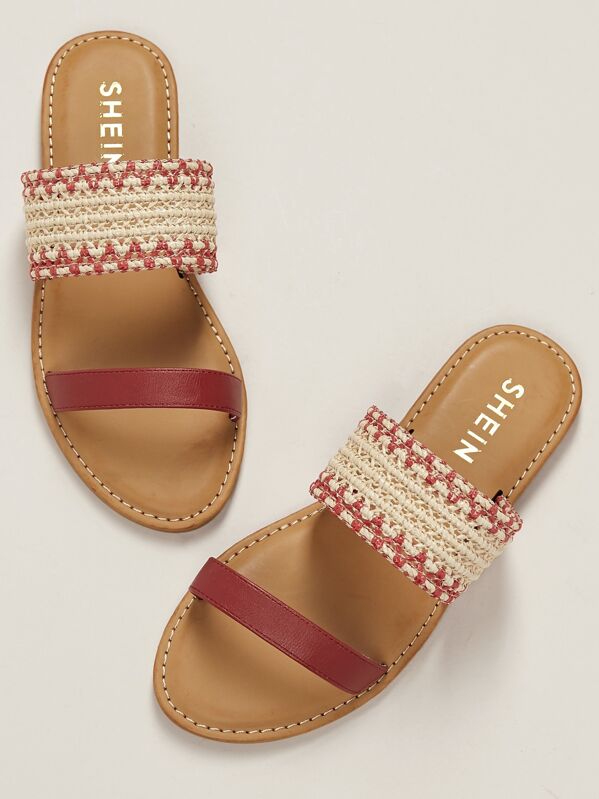 

Basket Weave Twin Bands Open Toe Slide Sandals, Multicolor