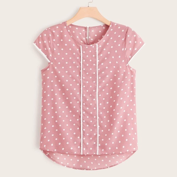 

Plus Polka Dot Print High Low Hem Keyhole Back Blouse
