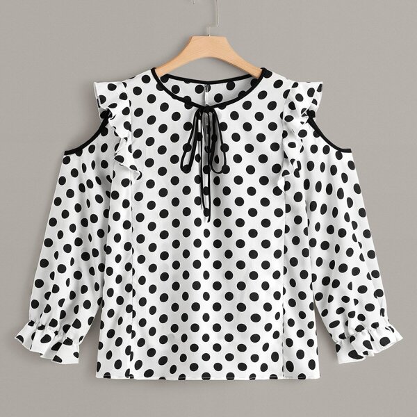 

Plus Cold Shoulder Polka Dot Print Frill Tie Neck Blouse, Black and white
