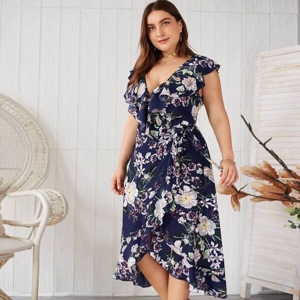 

Plus Floral Print Ruffle Asymmetrical Hem Side Tie Dress