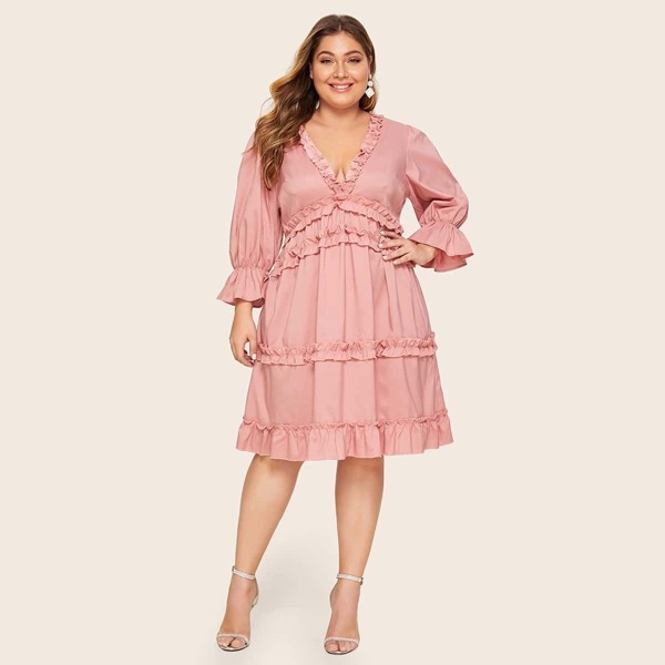 

Plus Frill Ruffle Sleeve Deep V-Neck Dress