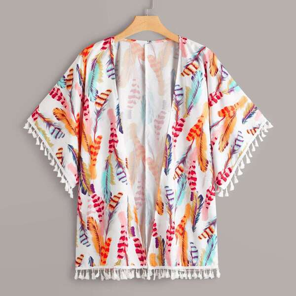 

Plus Feather Print Fringe Kimino, Multicolor