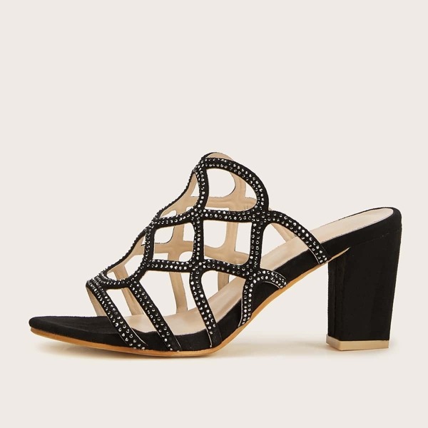 

Rhinestone Decor Caged Chunky Heeled Mules