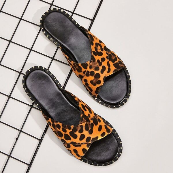 

Leopard Print Cross Strap Flat Sliders