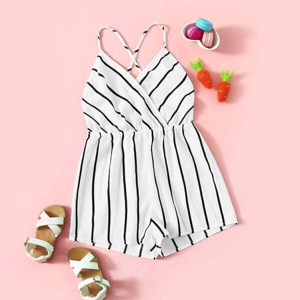 

Girls Surplice Neck Crisscross Striped Cami Playsuit, White