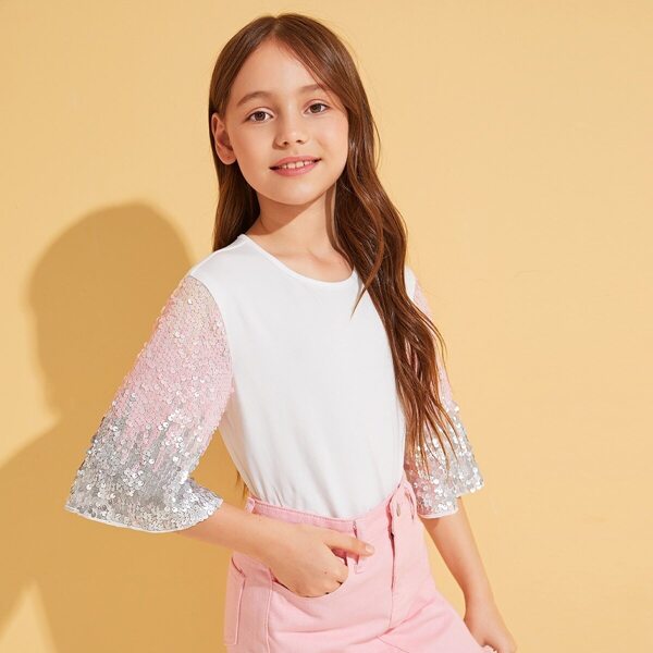 

Girls Sequin Patched Sleeve Tee, White
