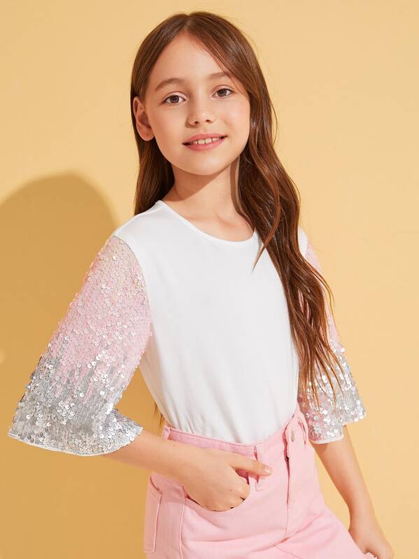 

Girls Sequin Patched Sleeve Tee, White, Alice A