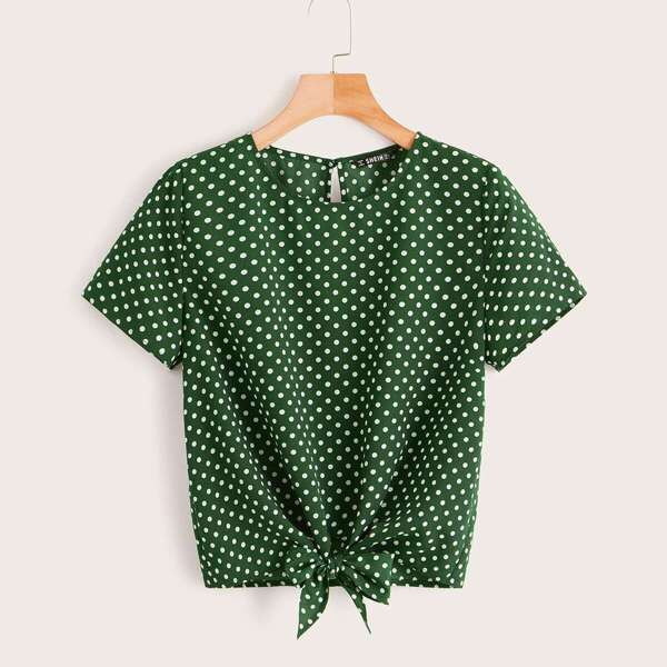 

Polka Dot Keyhole Back Tie Hem Top, Green
