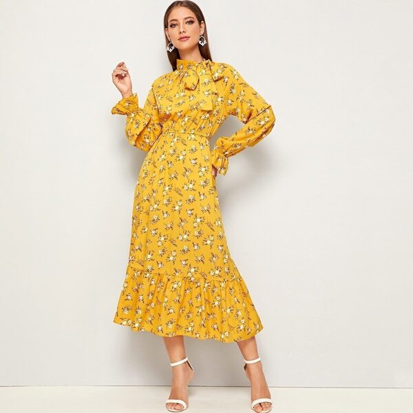 

Ditsy Floral Print Tie Neck Flounce Sleeve Dress, Yellow