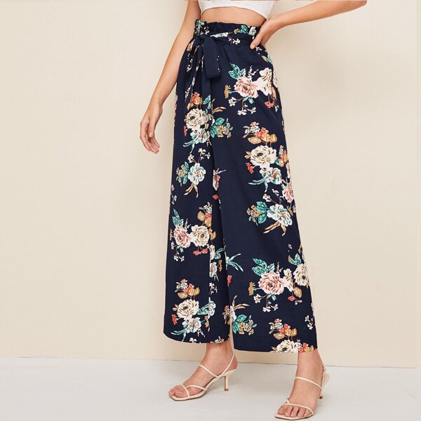 

Floral Print Paperbag Waist Wide Leg Pants