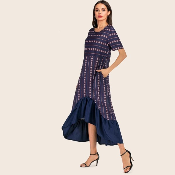 

Asymmetrical Ruffle Hem Graphic Print Dress, Navy