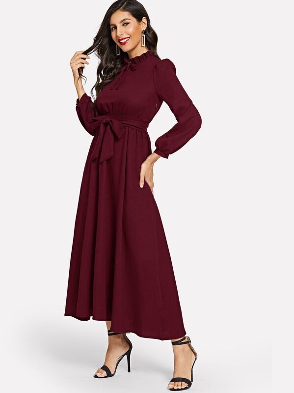 

Tie Neck Knot Front Longline Dress, Burgundy