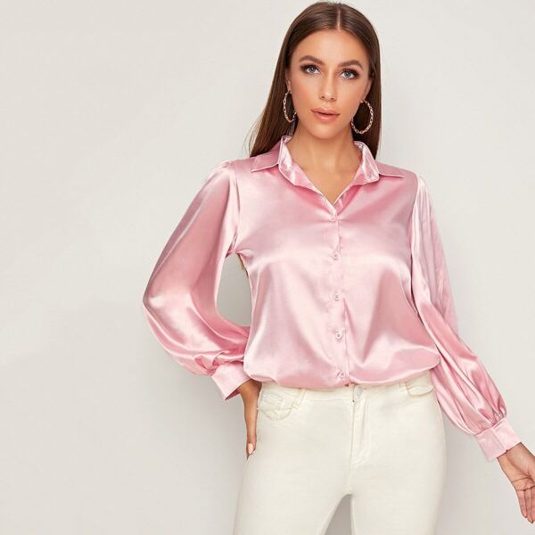 

Solid Satin Bishop Sleeve Blouse, Pink