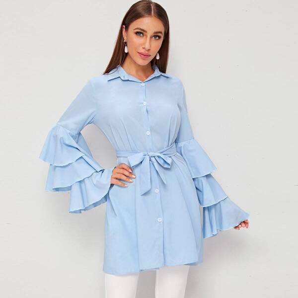 

Tiered Flounce Sleeve Knot Front Shirt, Blue