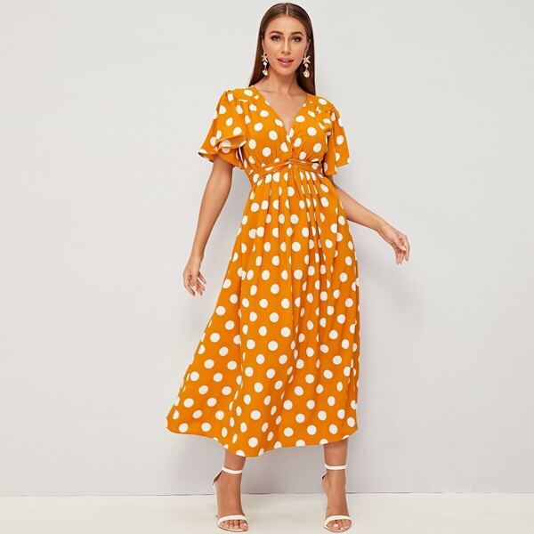 

Flounce Sleeve Twist Dot Print Dress