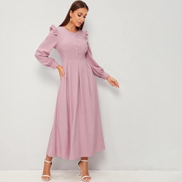 

Button Front Frill Pleated Dress, Pink