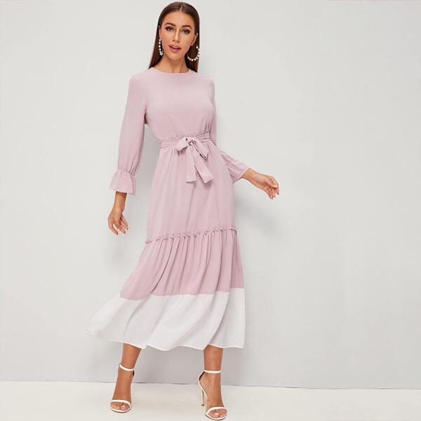 

Colorblock Ruffle Hem Tie Waist Dress