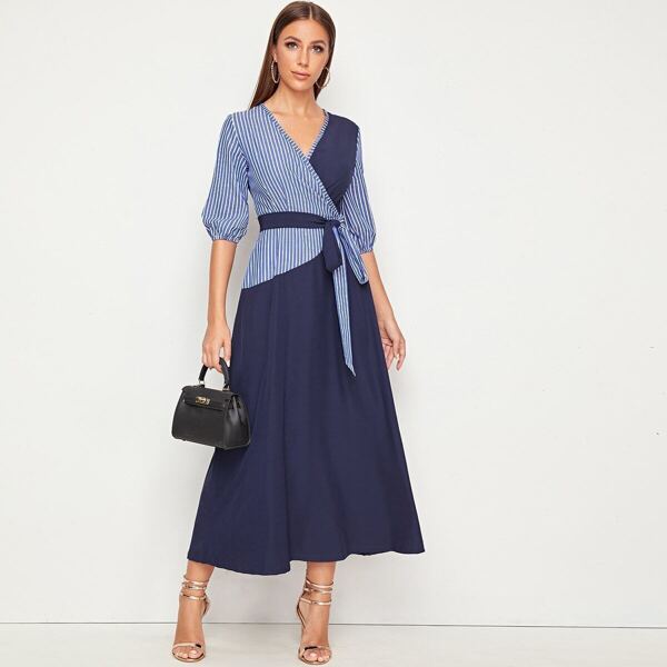 

Tie Waist Colorblock Stripe Dress, Navy