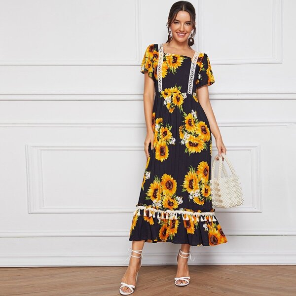 

Ruffle Hem Fringe Detail Sunflower Dress
