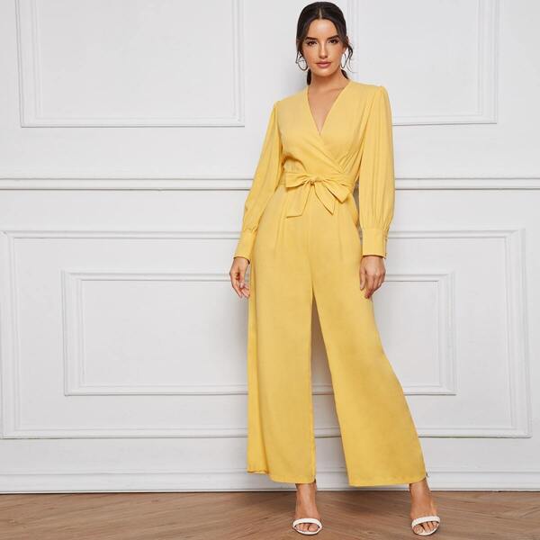 

Surplice Tie Waist Wide Leg Jumpsuit, Yellow