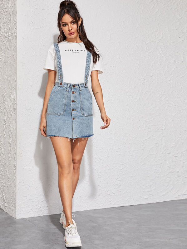 

Button Through Raw Hem Denim Skirt With Straps, Blue, Andy
