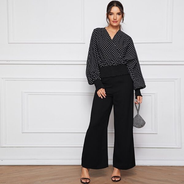 

Surplice Dot Print Blouse & Wide Leg Pants