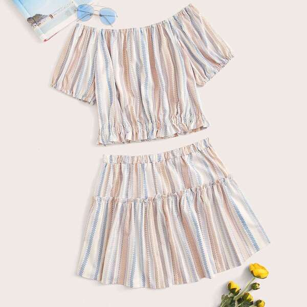 

Plus Tribal Striped Print Frill Top With Shorts, Multicolor