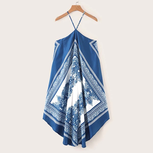

Tribal Print Curved Hem Halter Dress