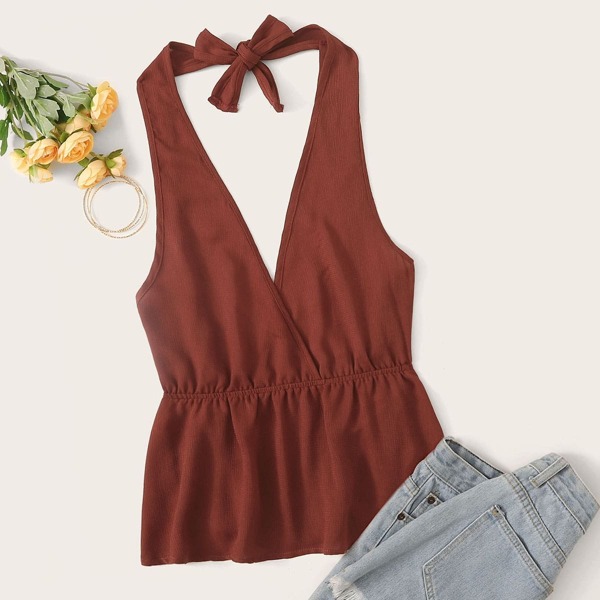 

Plunge Neck Backless Peplum Top, Brown