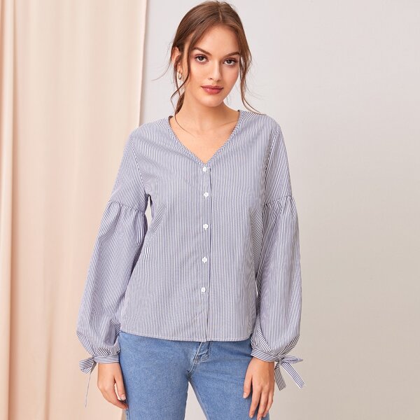 

Striped Button Front Knotted Cuff Top