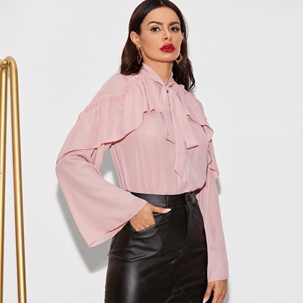 

Ruffle Trim Frill Detail Tie Neck Top