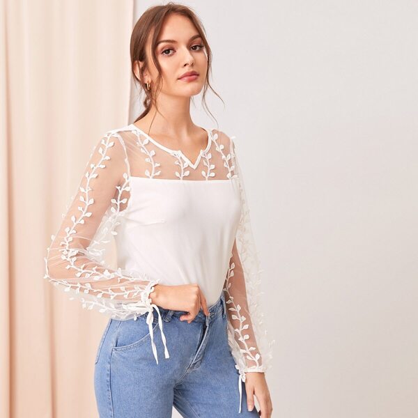 

Sheer Embroidered Mesh Yoke Knotted Cuff Top