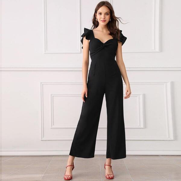 

Lace Trim Belted Maxi Wide Leg Jumpsuit, Black