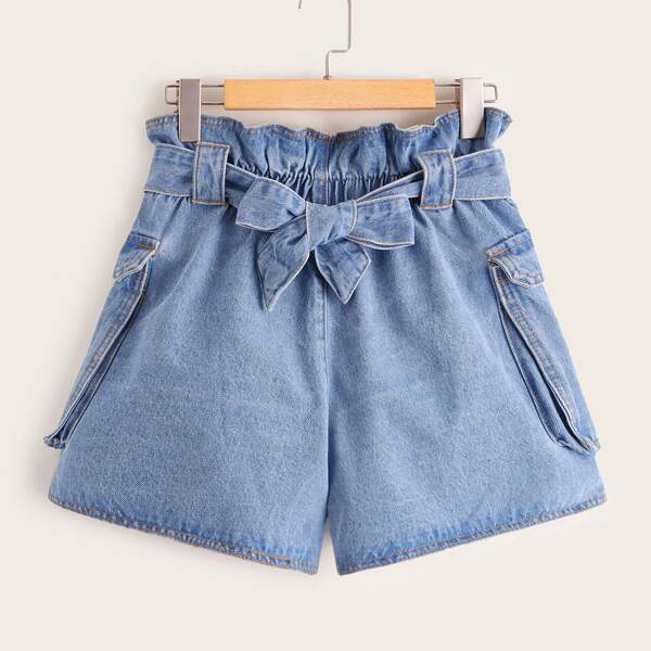 

Paperbag Waist Pocket Side Belted Denim Shorts, Blue