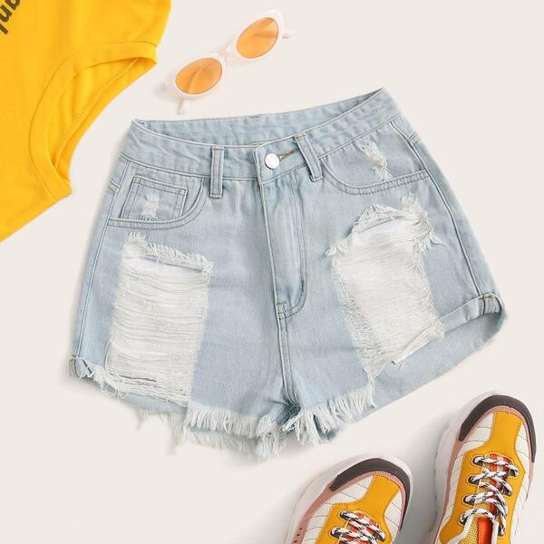 

Ripped Detail Raw Hem Denim Shorts