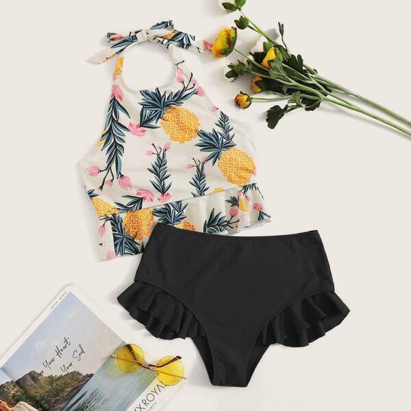 

Pineapple Print Halter Top With Ruffle Trim Bikini