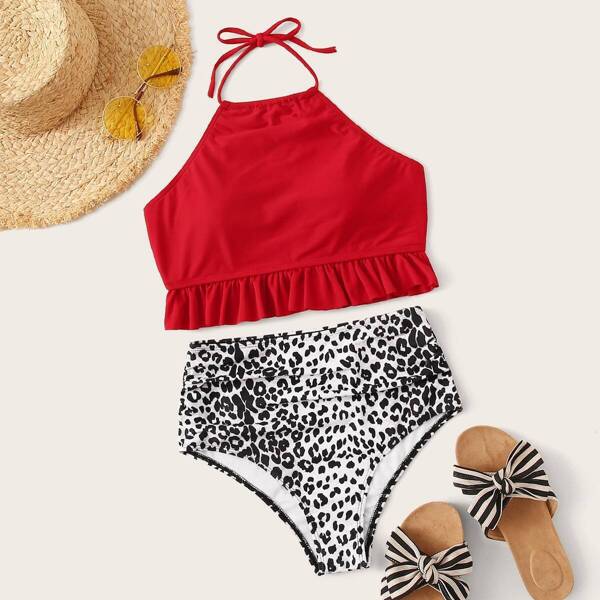 

Ruffle Hem Halter Top With Leopard Bikini Set