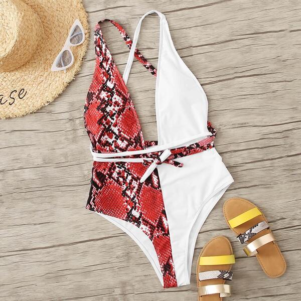 

Contrast Snakeskin Criss Cross One Piece Swimwear