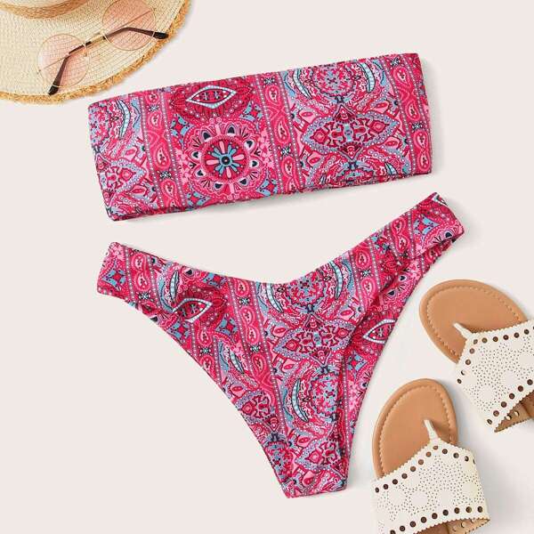 

Tribal Lace Up Bandeau With High Cut Bikini Set