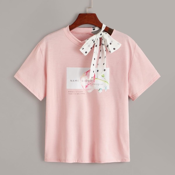 

Floral & Slogan Print Tie Neck Tee