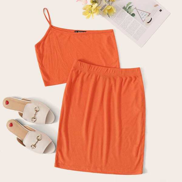 

Neon Orange One Shoulder Rib-knit Crop Top & Skirt Set, Orange bright
