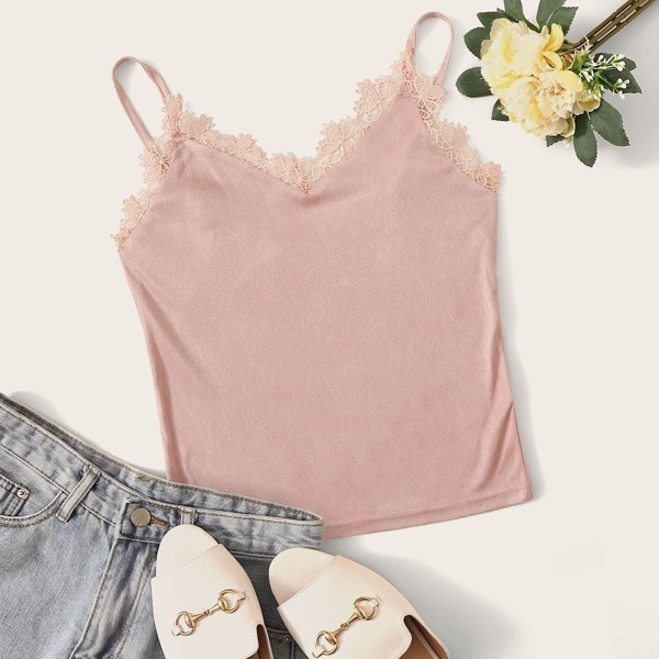 

Solid Lace Insert Suede Cami Top