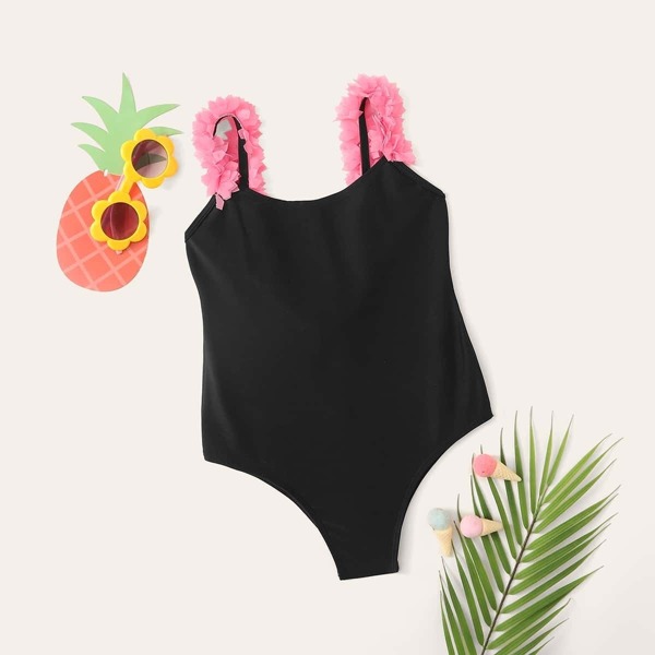 

Girls Appliques Open Back One Piece Swimwear