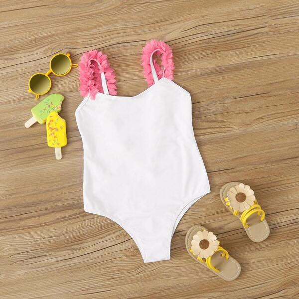 

Girls Appliques Open Back One Piece Swimwear, White