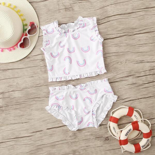 

Girls Rainbow Print Frill Trim Bikini Set, White