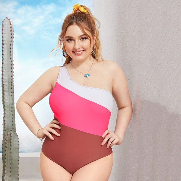 

Plus Colorblock One Shoulder One Piece Swimwear, Multicolor