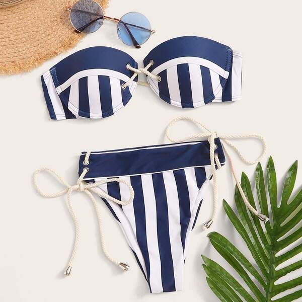 

Striped Self Tie Underwire Bandeau Bikini Set