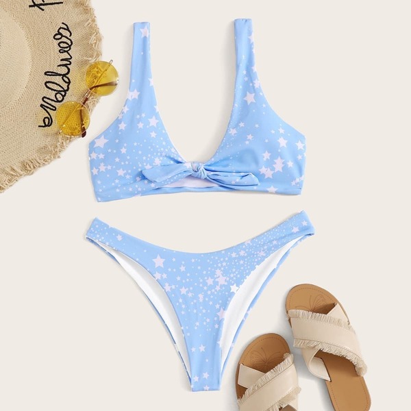 

Star Print Knot Front Top With High Cut Bikini Set
