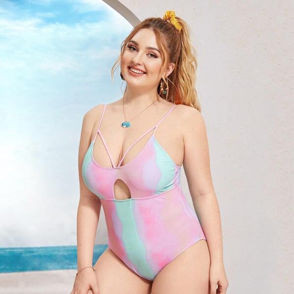 

Plus Water Color Cut Out One Piece Swimwear, Multicolor