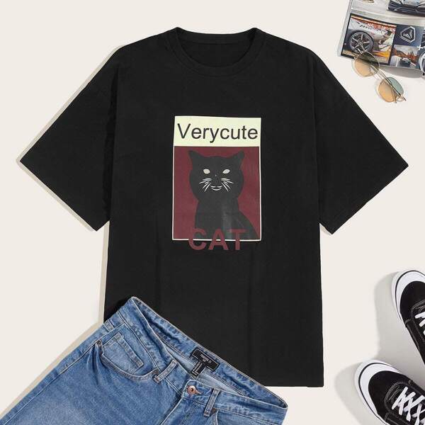 

Men Letter & Cat Print Tee